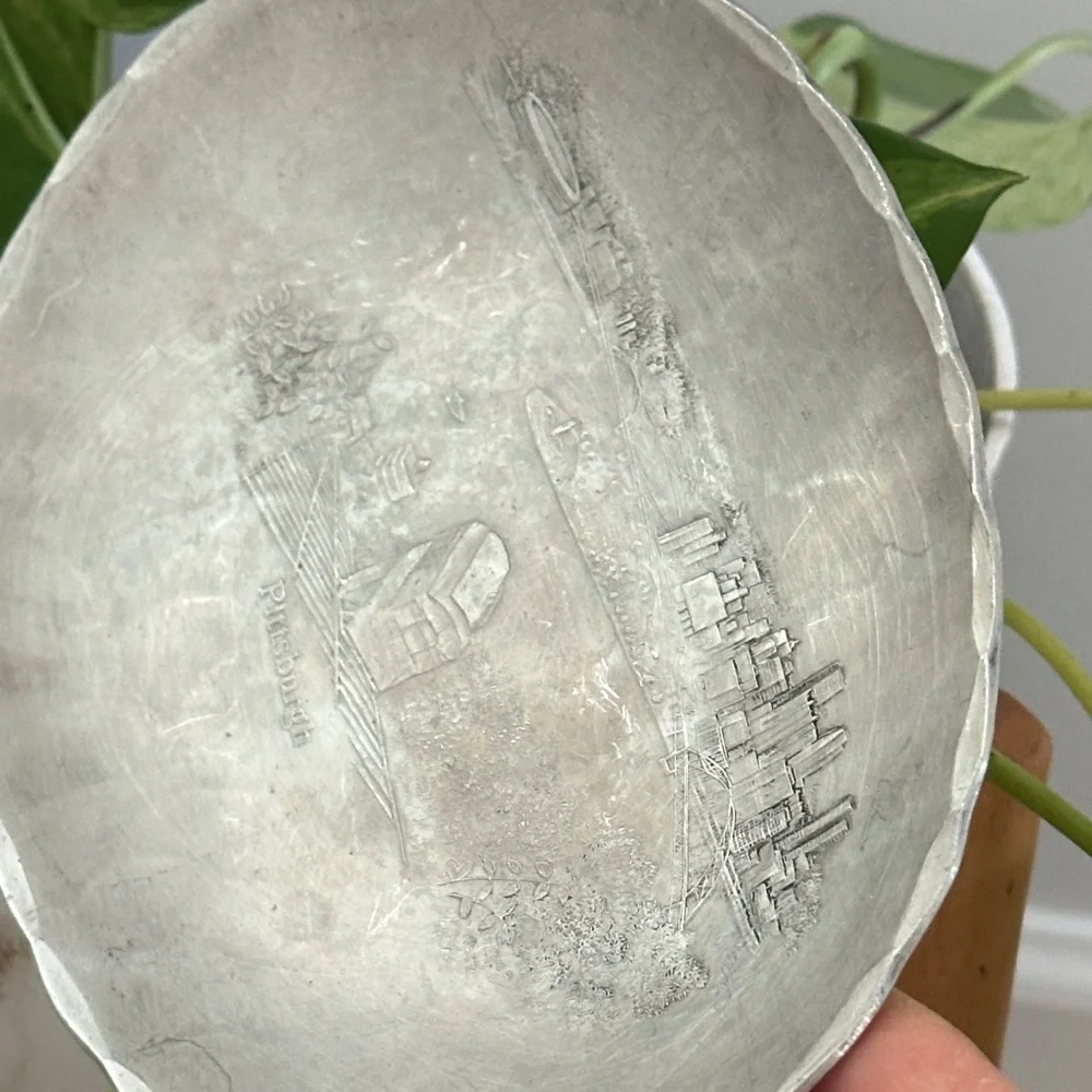 Handcrafted Silver Colored Vintage Decorative Plate Signed & Stamped 1985